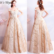 Это YiiYa вечернее платье Золотые женские вечерние платья в пол с открытыми плечами и вырезом лодочкой кружевные вечерние платья с блестками LX813
