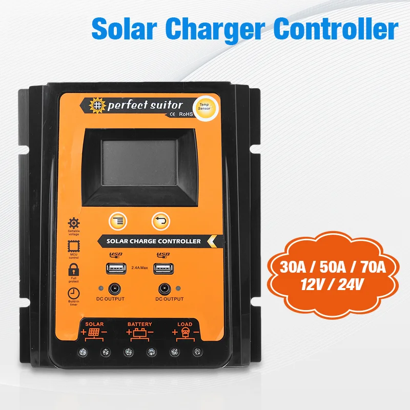 30A MPPT Solar Charge Controller 12v//24v 30A//50A//70A Solar Panel Battery Regulator Charge Controller Dual USB LCD Display Solar Power Battery Charger Controller