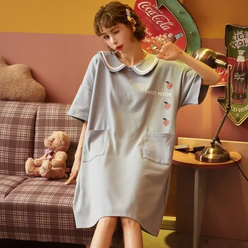 

Summer women's sweet and comfortable night skirt thin section cartoon cute girl print O-neck short sleeve student night skirt