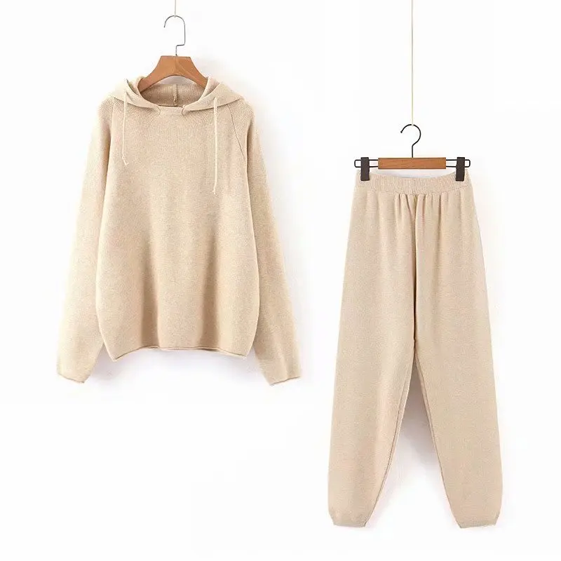 

Women Autumn Loose Knitted Hooded Pullovers Sweater 2 PCS Set High Waist Elastic Knitted Loose Pants