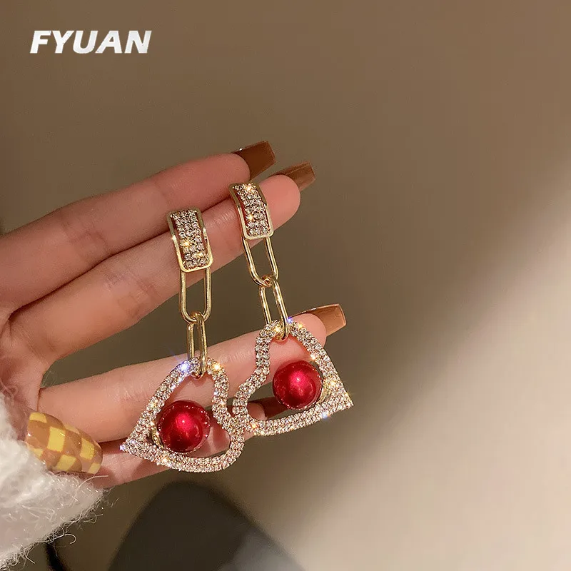 FYUAN Korean Style Golden Chains Red Pearl Dangle Earrings Love Heart