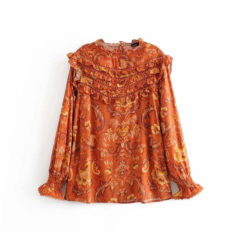 Boho Chic womenTops Винтаж Цветочный принт оборками свободные блузки дамы О образным вырезом с длинным рукавом пляжные рубашки Blusas Mujer