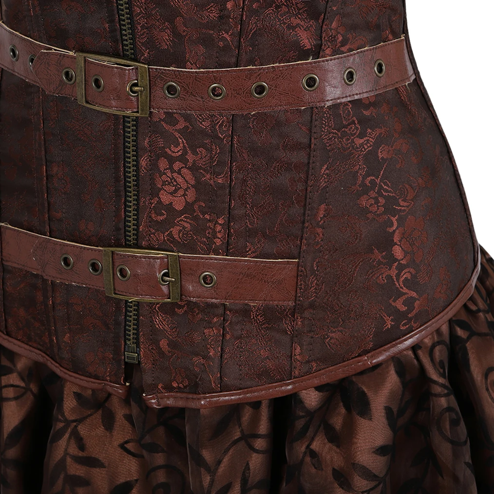 Woman Steampunk Locking Corset Dress, Medieval Straps Leather Pirate Skirt Sets, Zipper Overbust Corset Halloween Sexy Costumes