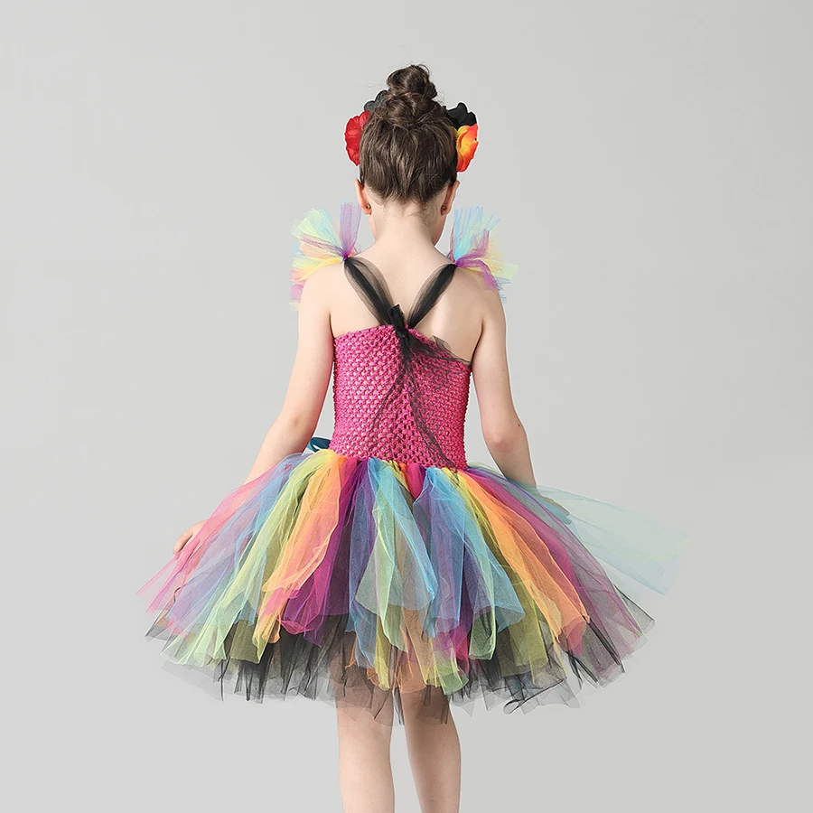 Children Day Of The Dead Halloween Costume Girls Skeleton Skull Dia Muertos Fancy Tutu Dress with Headband Cosplay Party Dress (4)