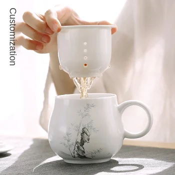 

Jingdezhen kiln White Ceramic Tea Cups with Cover and Filter Office Creative Water Cup 340ml