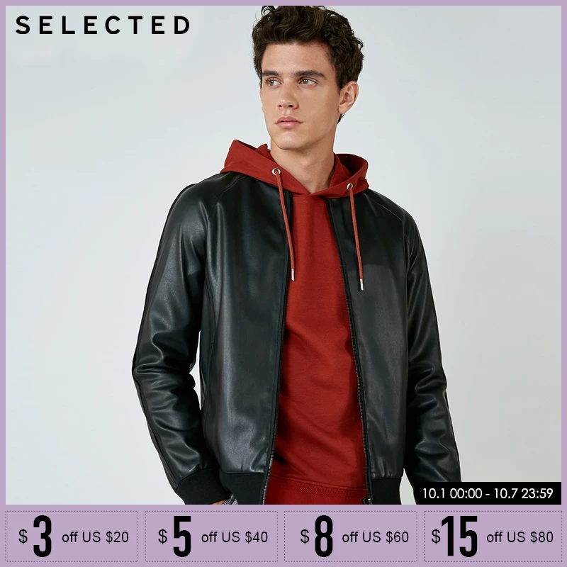 

SELECTED Autumn business casual ribbon splicing Mens baseball PU jacket Coat| 4183P3506
