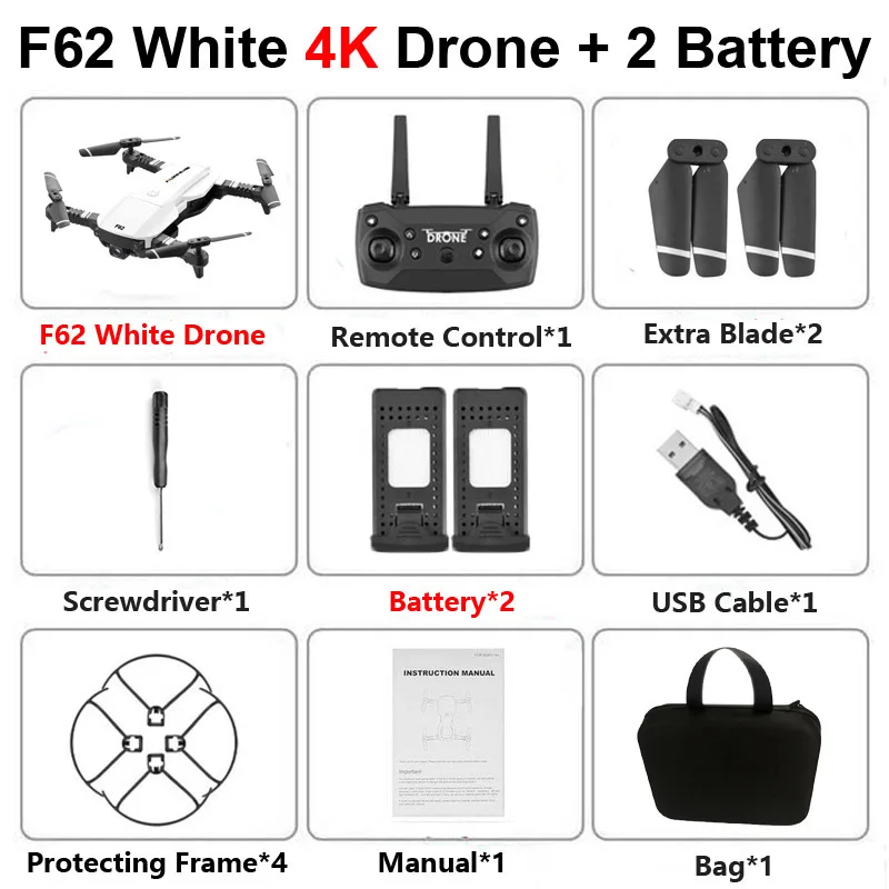 F62 W 4K 2B Bag F62 Foldable Profissional Drone with 4K HD Dual Camera WiFi FPV Optical Flow Wide Angle RC Helicopter Quadrocopter Toy SG106 E58 - Цвет: F62 W 4K 2B Bag