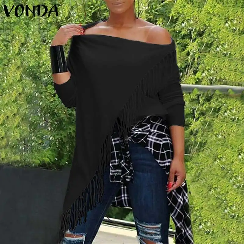 

VONDA Sexy off Shoulder Maternity Blouse 2019 Spring Autumn Bat-Sleeve Shirts Casual Loose Tassel Solid Tops Vintage Blusas