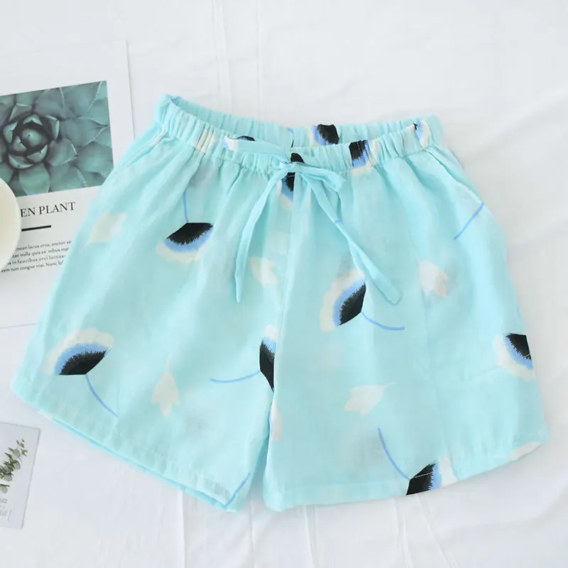 Для женщин хлопковые шорты двухслойная марлевая домашняя пижама пижамные штаны Летние повседневные пляжные штаны для детей одежда для сна Ночное лаунж-Пижама с шортами - Цвет: Blue ginkgo leaf