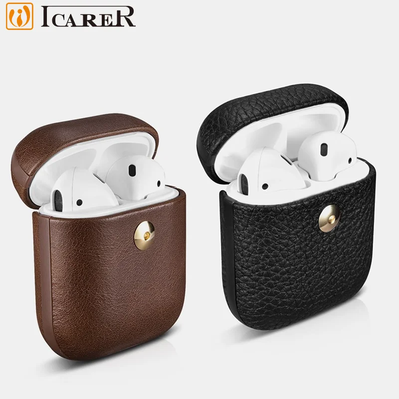 Чехол для AirPods ICARER натуральный кожаный чехол Airpods (передний светодиодный не