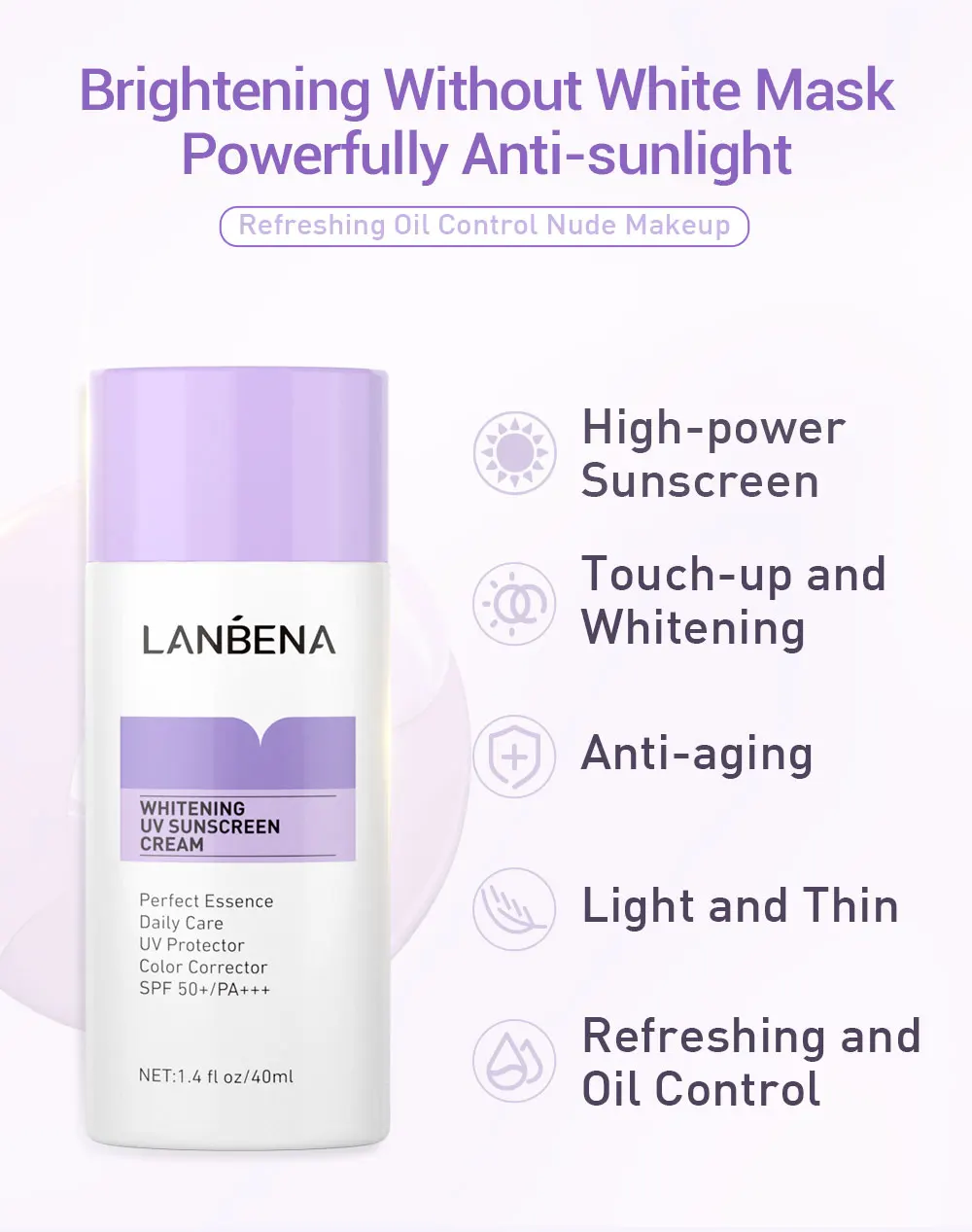 Hace954bfd5784458b9a447c4490105365 LANBENA Purple Whitening Uv Sunscreen Cream SPF50+ Face Sunblock Body Sun Protection Solar Lotion Moisturizing Daily Care 40ml