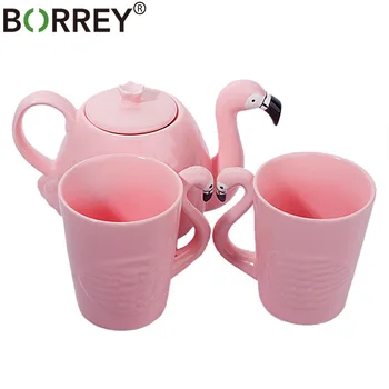 

BORREY Ceramic Teapot Set Porcelain Coffee Pot Mug Flamingo Teapot Flower Oolong Tea Pot Puer Kettle Office Tea Cup Tea Set Gift