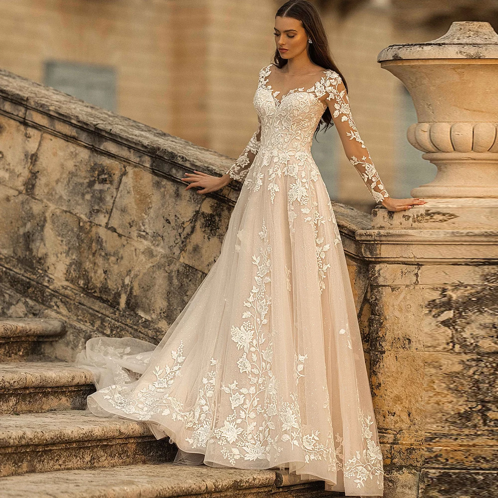 ADLN Charming Long Sleeves Wedding Gown Sheer Neck A-line Champagne Lace Bridal Dress New  Dresses Vestido de Novia 6