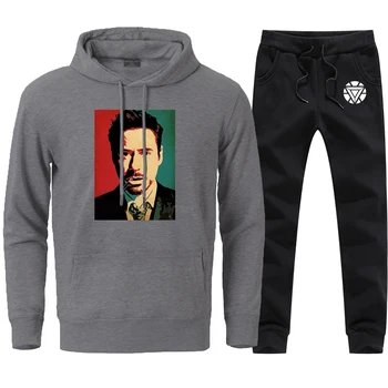 

Mens 2 Pieces Sets Tony Stark Iron Man Print Sweatshirts Hoodie Autumn Winter Fleece Loose Fashion Pullover Pant Sportswear Suit