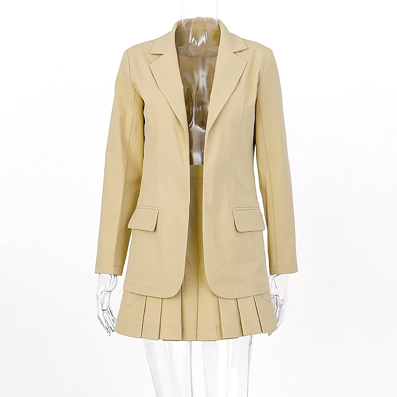 Женский костюм с юбкой, элегантный офисный Блейзер и юбка, комплект, деловая плиссированная юбка, жакет, однотонный комплект из двух частей, юбка