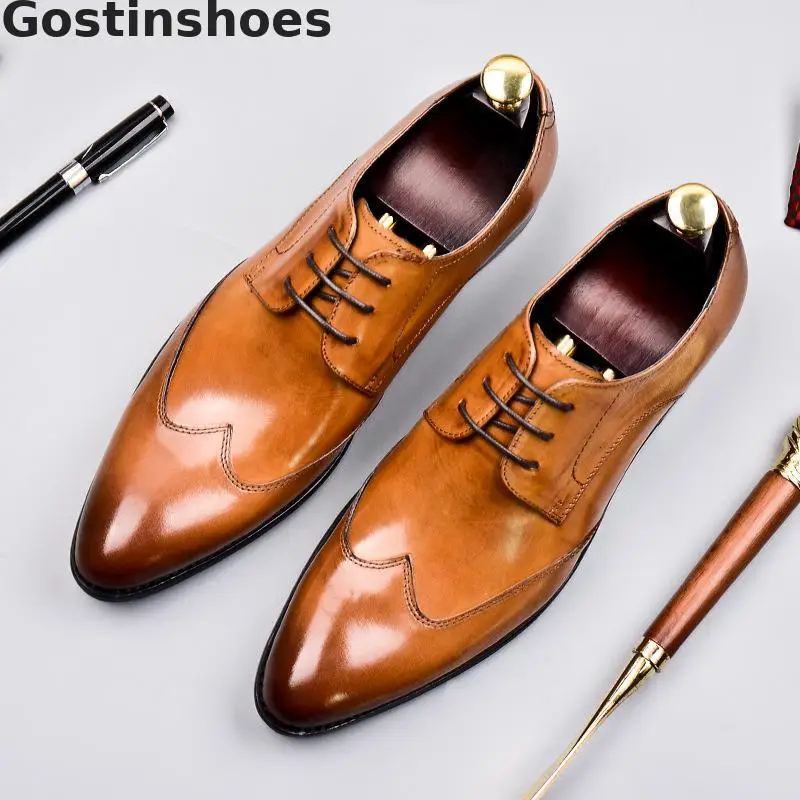 

Genuine Leahter Men Shoes Black Brown Lace-up Pointed Toe Wing Tip Derby Dress Shoes Formal Business Leather Shoes Wedding Party