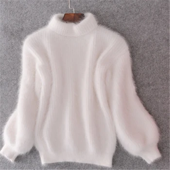 

Winter Spring Fashion Casual Thickened Warm Turtleneck Mohair Female Sweater Lantern Sleeve Casual Solid Slim Pullover