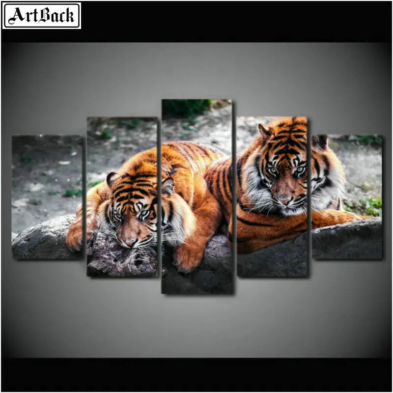 

ArtBack Five Spell Diamond Painting Two Tigers Water 5d Full Square Drill Animal Stickers Embroidery Diamond Mosaic Art