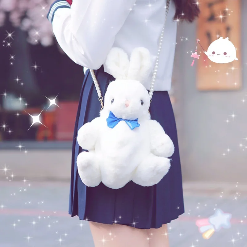 Japanese Soft Rabbit Lovely Lolita Single Shoulder Hand Bag Kawai Girl Bunny Bowknot Plush Toy Doll Portable Pearl Chain |