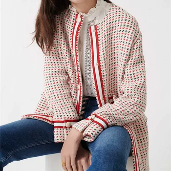 

Women's Plaid Tweed Coat O-neck Long Sleeve Single Breasted Color Matching Spring Autumn Jacket with Pockets