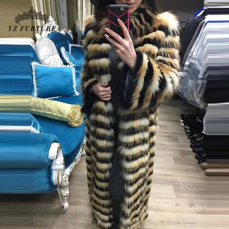 Новая женская шуба из натурального меха Красной лисы, Полный Пелт с синей лисой, пэчворк, стоячий воротник, х-длинное натуральное пальто размера плюс, зимняя FC-140