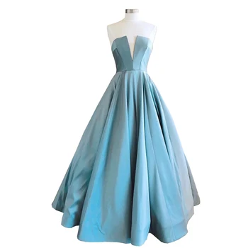 

Vintage Blue Evening Dresses Long A-Line Strapless Unique Neck Sleeve Satin Women Elegant Formal Party Dresses Vestido De Festa