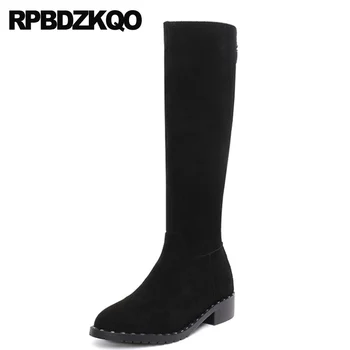 

boots stud suede black rivet big size round toe studded long chunky metal knee high luxury brand shoes women chinese quality