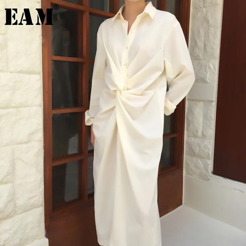 

[EAM] Women Fold Knot Split Joint Temperament Dress New Lapel Long Sleeve Loose Fit Fashion Tide Spring Autumn 2019 1D893