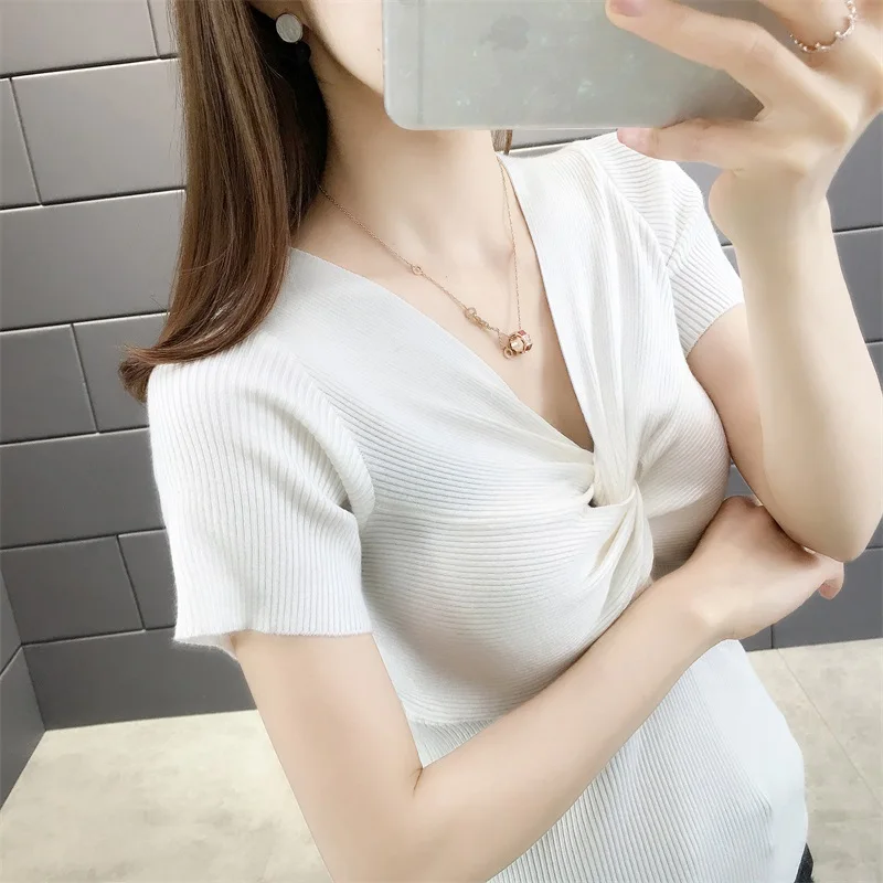 

OHCLOTHING XH The new summer 47267 V knitted turtleneck collar stretch cultivate morality short sleeve dress 20