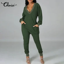 Aliexpress - Celmia Women Sexy V-neck Jumpsuits Casual Long Rompers Knitted Playsuits Fashion Pockets Long Sleeve Harem Overalls Plus Size