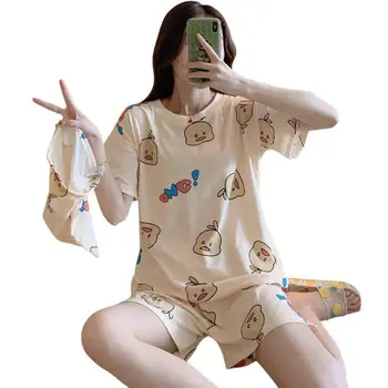 

MISSKY Women Pajama Set Summer Thin Sleepwear Short Sleeve Tops Shorts Home Suit with Cloth Bag Female Homewear New