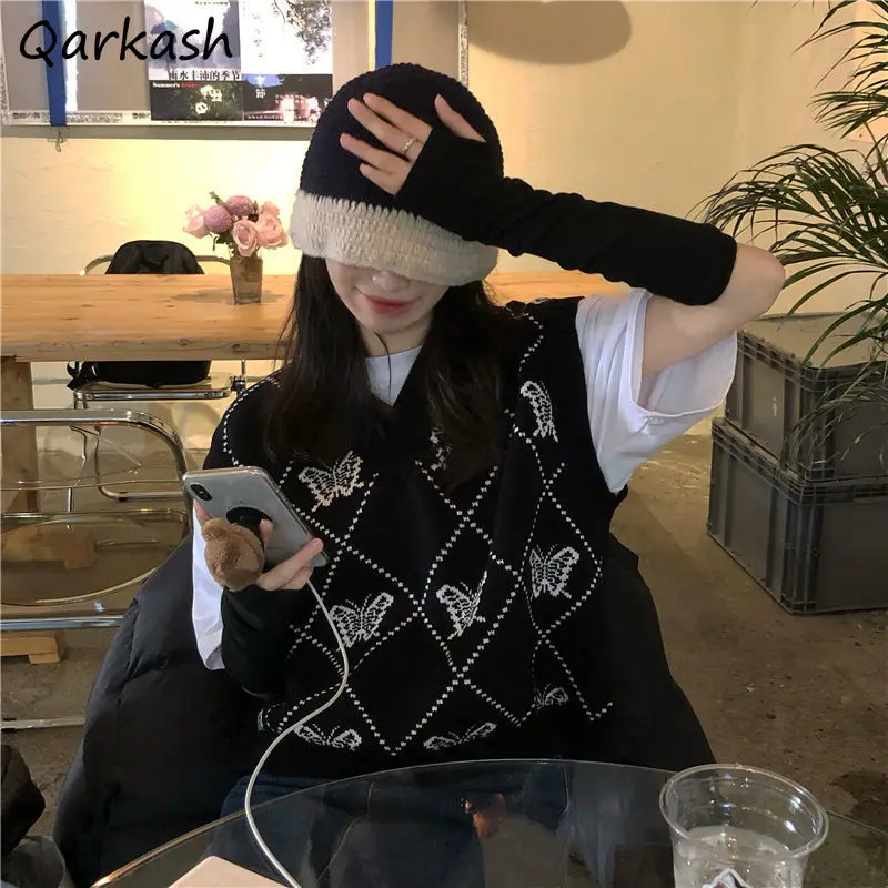 

Sweater Vest Women Chic All-match Soft Argyle V-neck Crop Daily Fit Ladies Knitted Retro Autumn New Korean Style Loose Harajuku