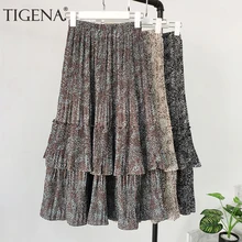Женская шифоновая многоуровневая юбка на подкладке с принтом TIGENA, длинная плиссированная юбка высокой талией для женщин на осень-зиму