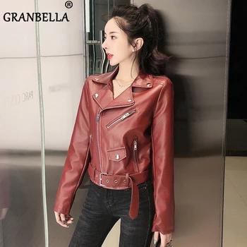 

New Fashion Women Wine Red/Black Faux Leather Jackets Zipper Spring Fall Basic Coat Turn-down Collar Biker Jacket With Blet