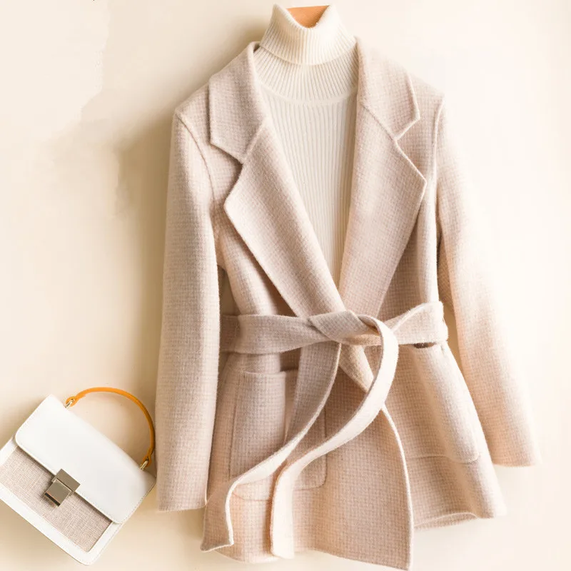

Autumn Winter New Fashion Double-Sided Cashmere Wool Jacket Women Medium Long Loose Belt Suit Collar Wool Coat Cardigan Female