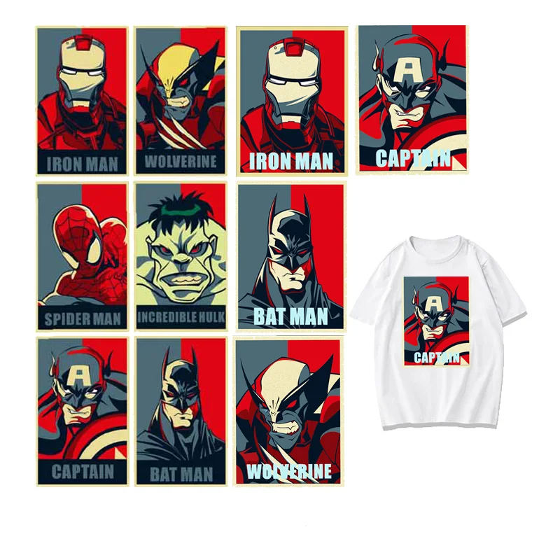 

Iron Man Wolverine Batman Captain AmericaIron on Patches Heat Transfer Stickers DIY T-shirt Badges Clothing Applications Decor F