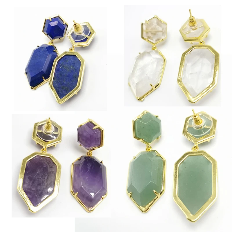 

18X45mm Women Stud earring Geometric Gems Jewelry Double Side Faceted HexagSword tip on Natural Stone Labradorite Earring