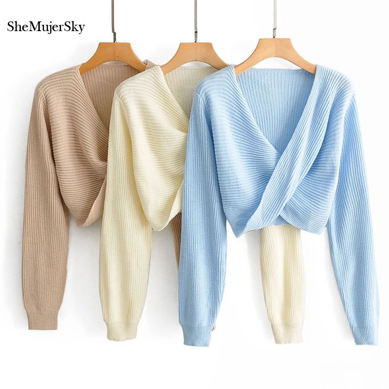 

SheMujerSky Women Solid Color Jumper Cross Design Long Sleeve Sweaters Pull Femme Blue Pullovers 2019