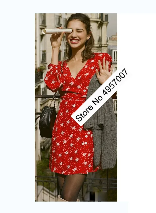 Короткое мини платье Elfbop из 100% вискозы с цветочным принтом V образным вырезом и
