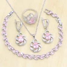 Капля воды 925 Серебряные комплекты украшений для женщин розовый циркон серьги Подвеска Ожерелье Кольцо Подарочная коробка для браслета