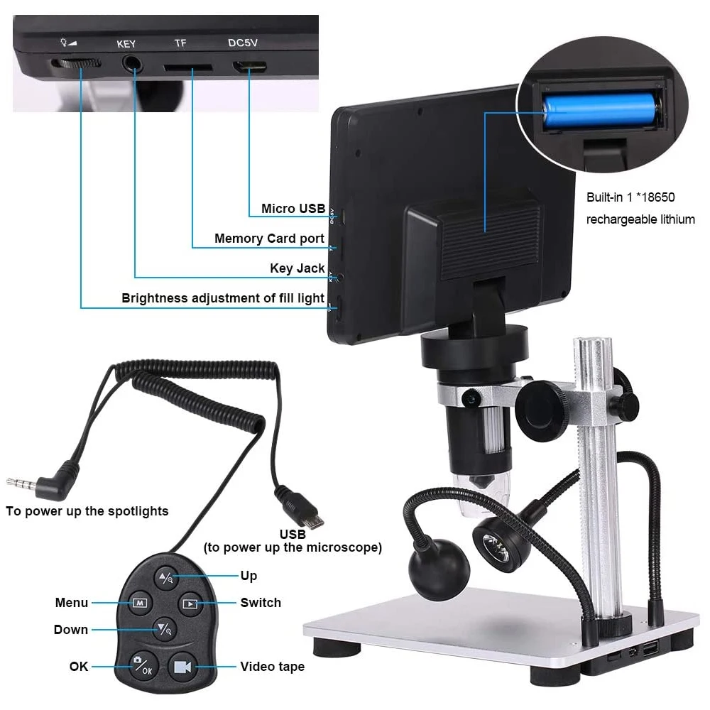 TKDMR 12MP 1200X USB Digital Microscope for Electronic 7 Inch Display 8 LED Magnifier Wire Control for PCB Motherboard Repairing