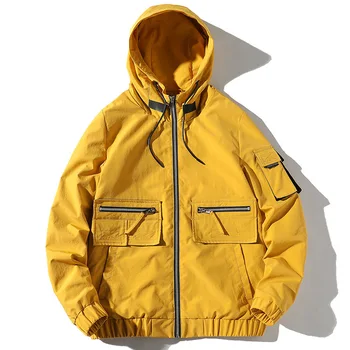 

2019 Front Zippers Yellow Men's Fashion Jackets 5XL Windproof Hooded Coats Hip Hop Streetwear Male Jackets LBZ147
