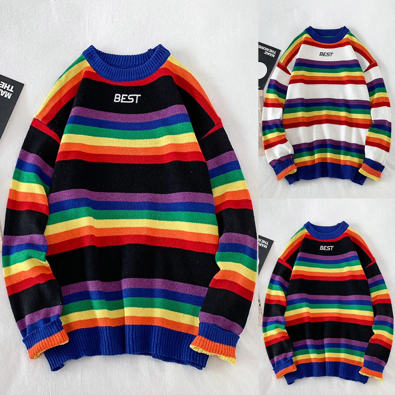 Men Casual Sweaters Fashion Rainbow Stripe Splice Sweater Long Sleeve Round Neck Sweater Blouse Свитер Оверсайз Fast Shipping 1