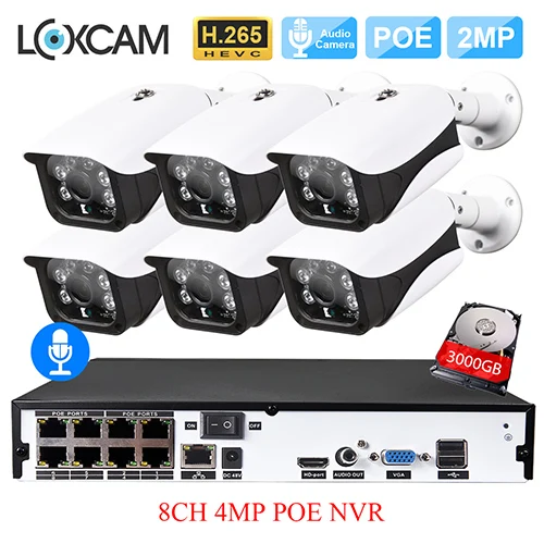 8CH NVR x 6 Cameras LOXCAM H.265+ 4MP POE система NVR 48V 1080P 2MP@ 25fps IP66 безопасности наружного аудио запись POE IP Камера видео набор для наблюдения 2 ТБ - Цвет: 8CH NVR x 6 Cameras