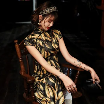 

Black Print Sexy High Split Qipao Satin Long Novelty Mandarin Collar Cheongsam Lady Wedding Party Gown Vestidso Vintage Dress