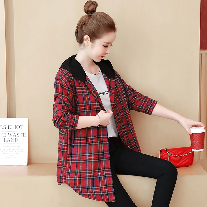 Blusas mujer de moda Осенние повседневные клетчатые женские блузки корейские студенческие рубашки с капюшоном и длинными рукавами Большие размеры женские топы - Цвет: Красный