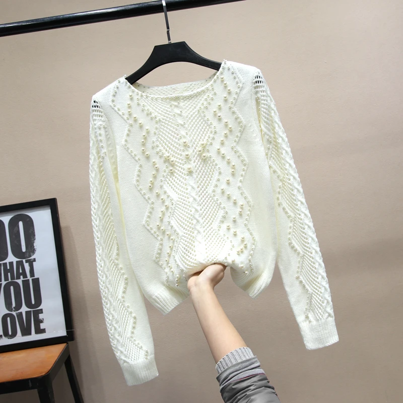2020 Spring Autumn Women Fashion Pearl Beaded Sweater Ladies Hollow Out Long Sleeve Pullover Girls Knit Sweaters | Женская одежда