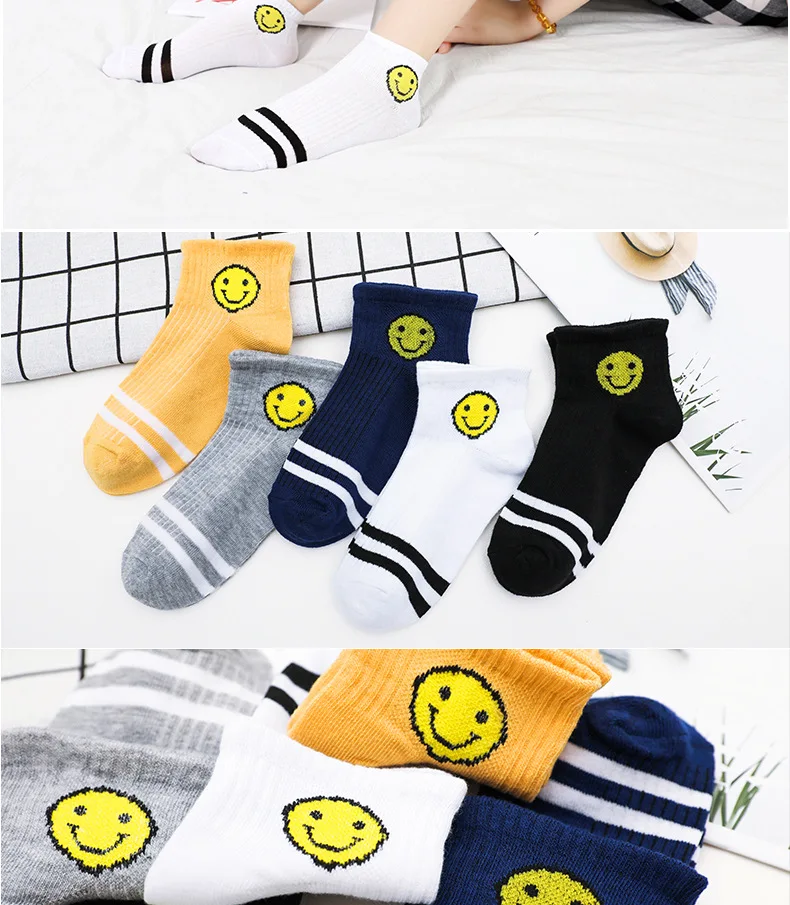 LJIQQ 5 pairs women socks sports socks low tube socks new spring and summer smiley college wind socks hot sell