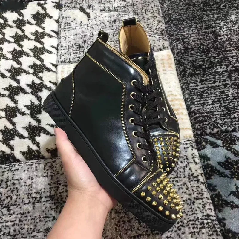 

2019 Top Sneakers Men With Spikes Tooth Chain Decor Black White Casual Flats Men Chaussures De Sport Thick Bottom Leisure Shoes