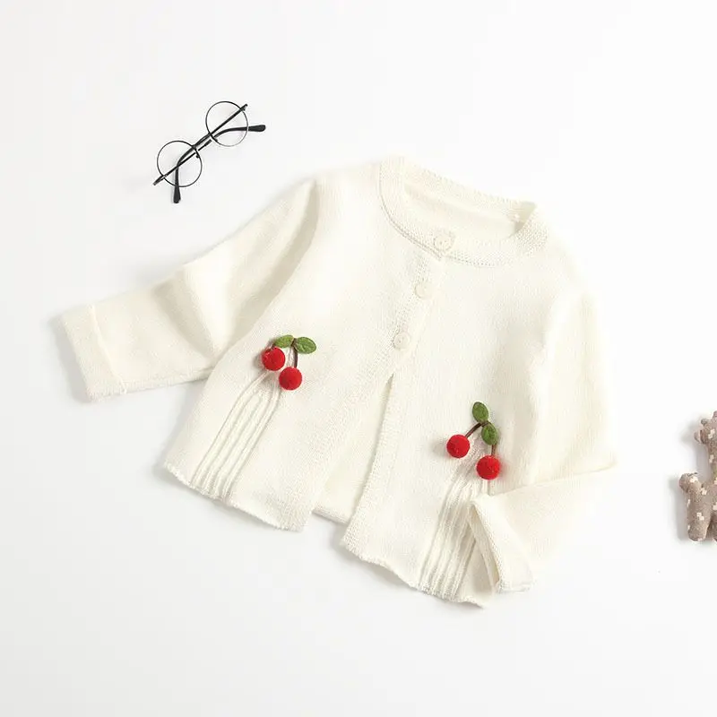 Новые свитера для маленьких девочек; пальто для маленьких девочек; хлопковый милый однотонный вязаный кардиган с вишнями; осенне-зимняя одежда для девочек